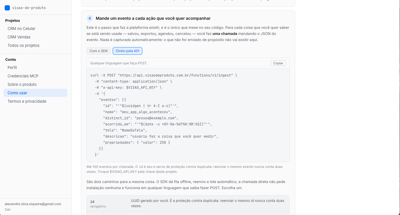 Tela Como usar mostrando as abas Com o SDK e Direto pela API, com um exemplo de chamada curl enviando um evento com nome, descrição, tela e propriedades